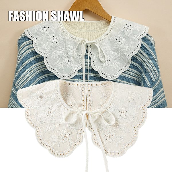 Kvinnors kronblad broderi krage sjal Pure Color Avtagbar Snabbtorkande skjorta som andas Blus Sweatshirt Tillbehör Half Open White Orchid