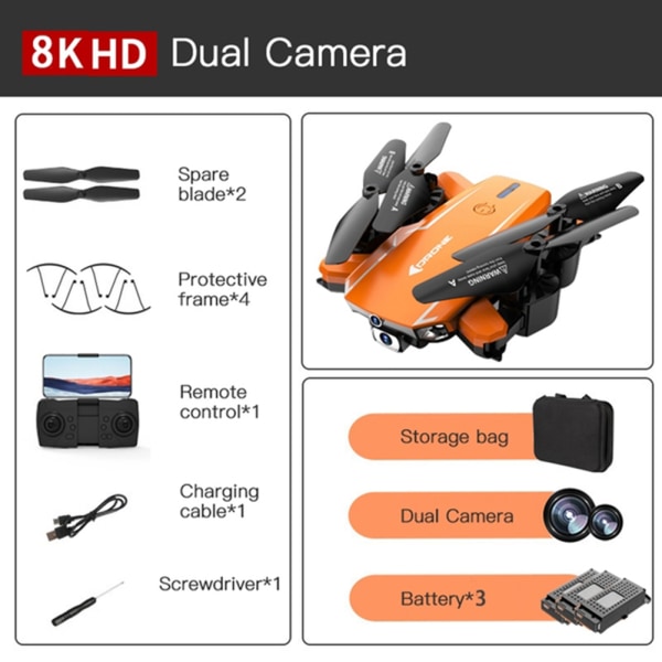 Bärbar svart/orange drönare-kamera med väska 360° fliphastighetsjustering Quadcopters Presenter för barn Vuxna Black Dual8K 3B