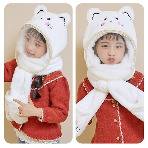 Barn Tecknad Face Cover Hat Vindtät Värmande plysch mössa för skolan Kitten
