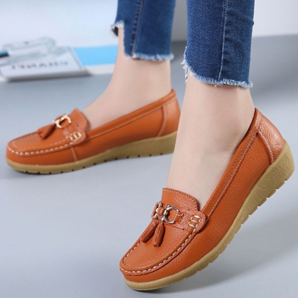 Kvinnors äkta läder Mjukt Bekväma Flat Loafers Handgjorda Casual Shoes Orange 38