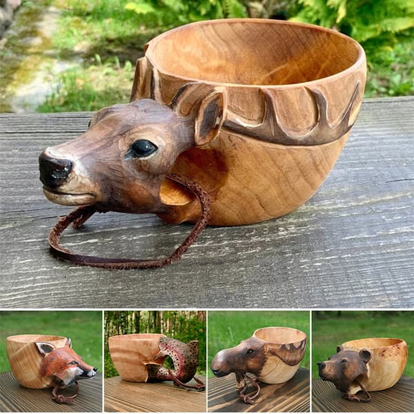 Trämugg Djurform Bärbar Camping drickskopp Handskuren utomhuskopp med linne för kaffe te mjölk Moose