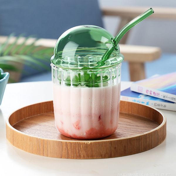 Kopp med lock i svampform, glas, med sugrör, bred öppning, för milkshakes, hem/kontor/bar Klein Blue