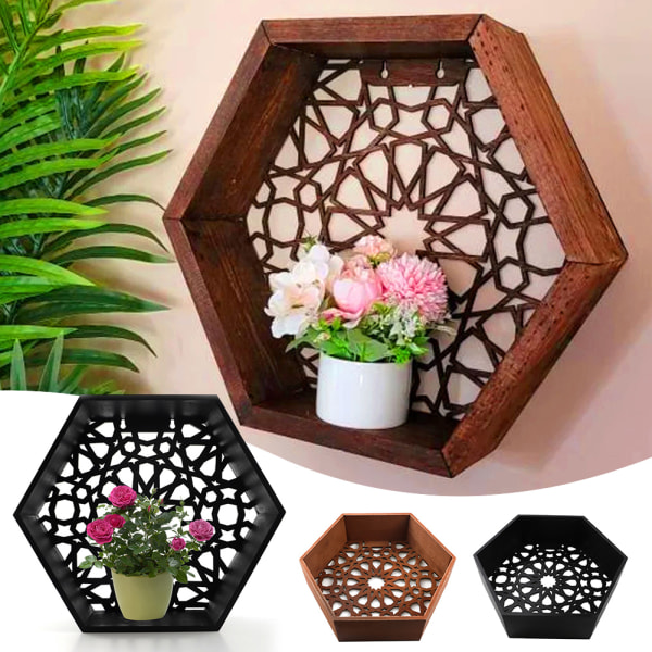 Hexagonal krukställ i trä Personlig ihålig design växtkrukhållare för vardagsrummet Black