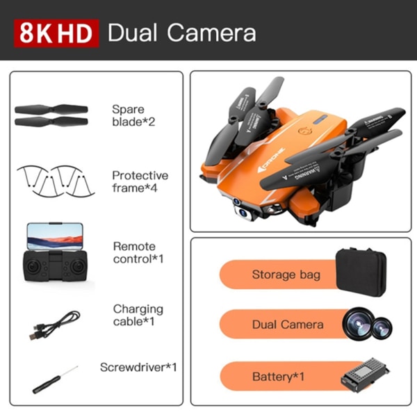 Bärbar svart/orange drönare-kamera med väska 360° fliphastighetsjustering Quadcopters Presenter för barn Vuxna Black Dual8K 3B