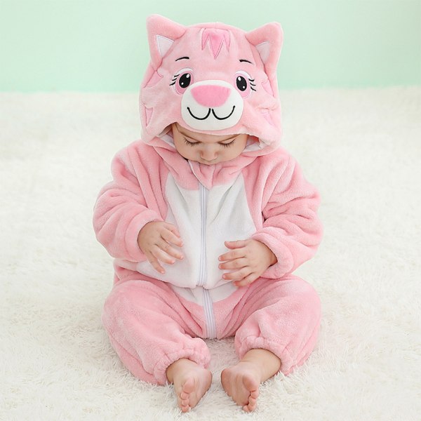 Barn Flanell Plysch Overall Söt Cartoon Djur Design Huvtröja Onesie Pyjamas Pink Mouth Cat 90