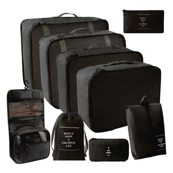 9 st/11 st enfärgad reseförvaringsväska Set Bärbar resväska Kläder packpåse för resa Black