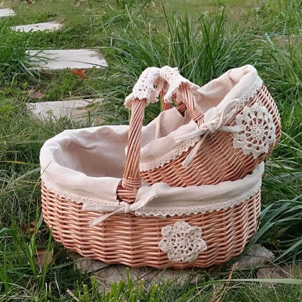 Förvaringskorg Matkorg Rottingflätad Äggkorg Bärbar present Picknick Frukt Liten vävd bambu följekorg Medium Red Plaid