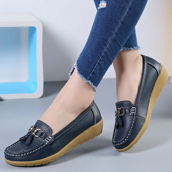 Kvinnors äkta läder Mjukt Bekväma Flat Loafers Handgjorda Casual Shoes Dark Blue 38