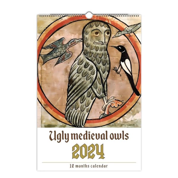 2024 Ugly Medieual Owl-Patern Wall Calendar Månadsvis visningskalender Idealisk present till nyår 2024