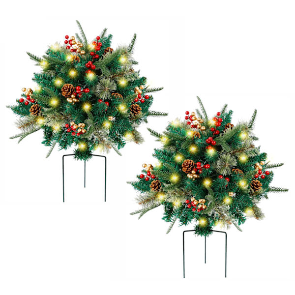 Ljusbelyst Konstgjord Julurna Fyllning, Förbelyst Tall med Kottar & Röda, Gyllene Bär med LED-Ljus, Tripod-Stake för Utomhus Julplanterare Double 40cm