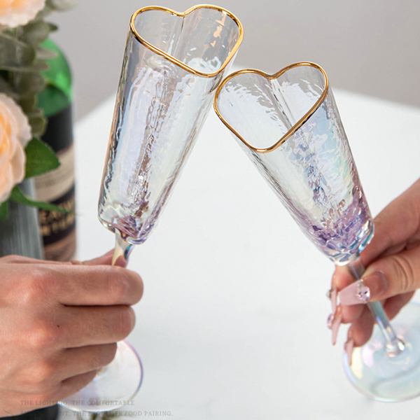 Guldkantad hjärtformad Champagne Flöjter Bägare Slitstarkt vin dricksglas för bröllopsfest 2pcs