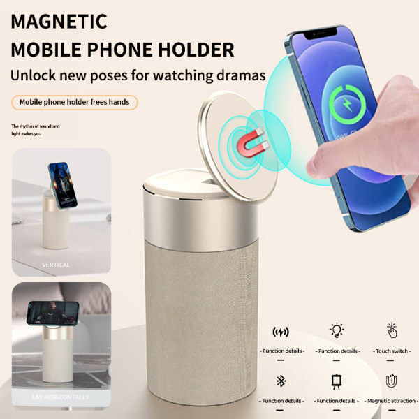 Bluetooth-kompatibel högtalare Magnetisk trådlös laddare Telefonhållare med nattljus Rice White