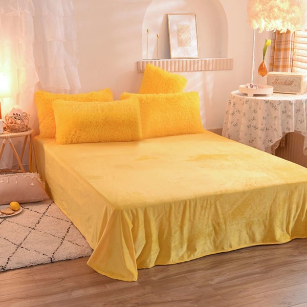 4 st/ set Färgglada fluffiga sängkläder Set Långt plysch cover Lakan Örngott Set Lightning Yellow 2M