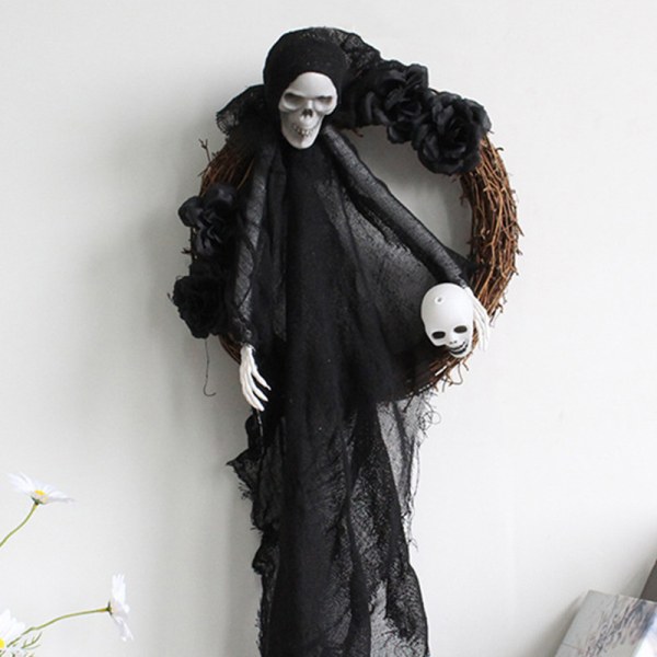 Halloween Skelettkrans För Ytterdörr Dekor Fönsterdörr Spöke Hängande Garland Skräck Atmosfär Layout Rekvisita Black