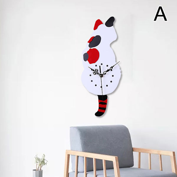 Kreativ tecknad Söt kattväggklocka DIY-katt Akrylväggklocka med svängsvanspendel för vardagsrum, sovrum, kök A