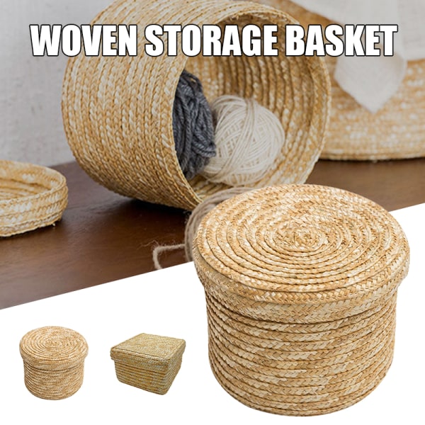 Förvaringskorgar för vävda halm med lock Rotting Snackbehållare Flerfunktionsbehållare Tvättleksaker Organizer Hushåll