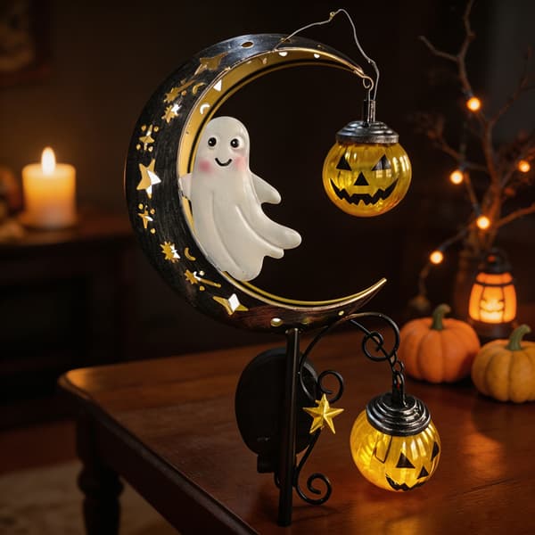 Halloween Solar Havelampe Måne Søde Spøgelser Smedejernsdesign Udendørs Dekoration til Plæne Sti Blomsterbed Ghost