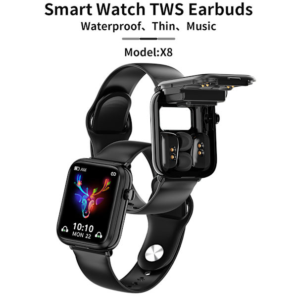 2 i 1 smarta klockor med trådlöst Bluetooth-kompatibelt headset Puls sömnmätare Black