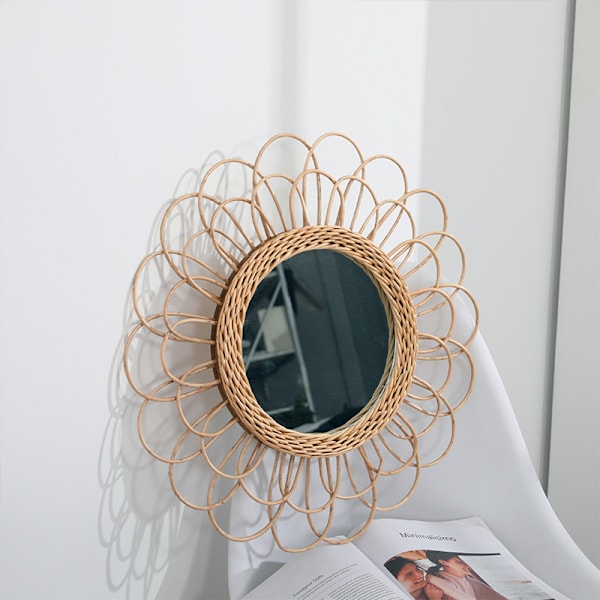 Handgjord stickningsspegel med flätad bindram Boho-stil dekorativ konst hemprydnad P