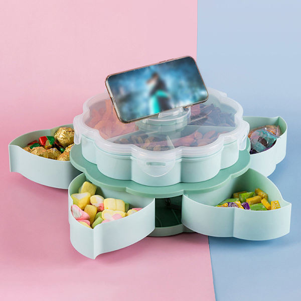 Kronbladsformad Roterande Snack Box Bord Godis Snacks Förvaringsbricka Dubbellager Hushåll Pink