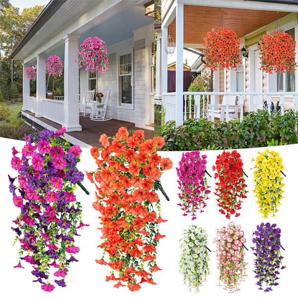 4 stk. Kunstige hængende blomsterplanter til udendørs dekoration, falske pragtblomster, UV-bestandige kunstige blomster Purple Red