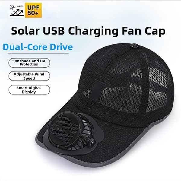 Solar Oppladbar Lue Solcellepanel Viftehatt USB Lading Sommer Utendørs Pustende Mesh Solhatt Dark Grey