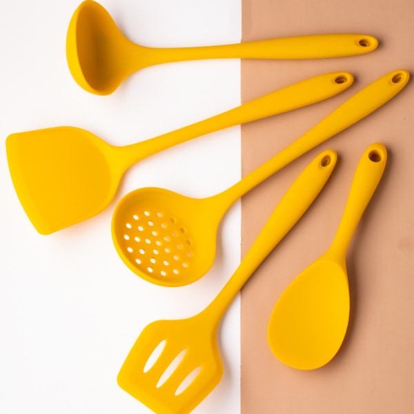 1/5-pack Silikon Köksredskap Set För Matlagning Bakning Gul Non Stick Spatel Set Värmebeständig Köksprylar Slotted Spatula X1