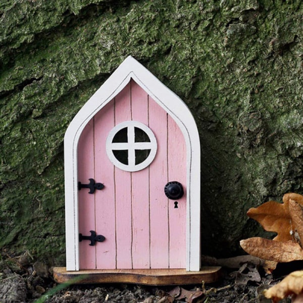 Trä tomtedörr Färgglad Fairy House-dörr Kreativa miniatyrlandskapstillbehör för trädgården Window Door Pink