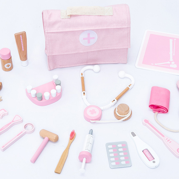 Barns trä låtsas läkare Set Lättvikt roliga leksaker för barn Barn Pojkar Flickor Pink