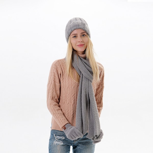 Vintermössa Halsduk Handskar Set Unisex Slouchy Halsduk Varm Stickad Mössa För Utomhus Grey