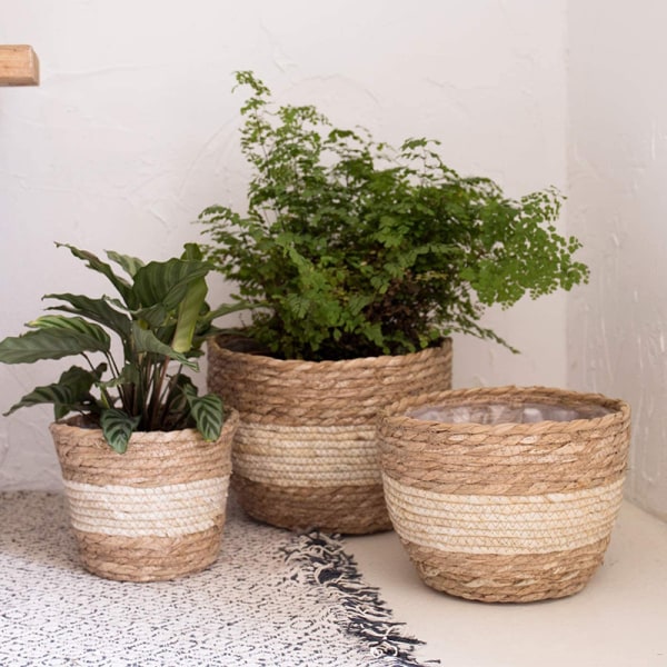 Gräs planteringskorg inomhus utomhus blomkrukor cover växtbehållare för hemmet Beige M