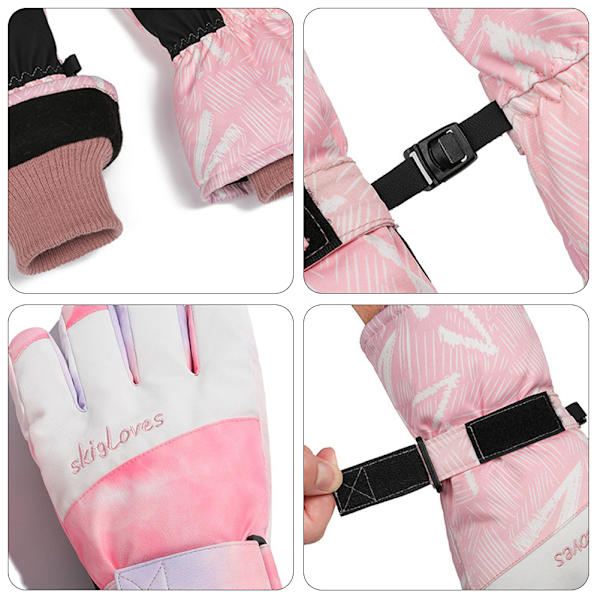 Värmande printed skidhandskar Anti-förlorad knapp Vattentäta ridvantar för utomhusåkning Pink