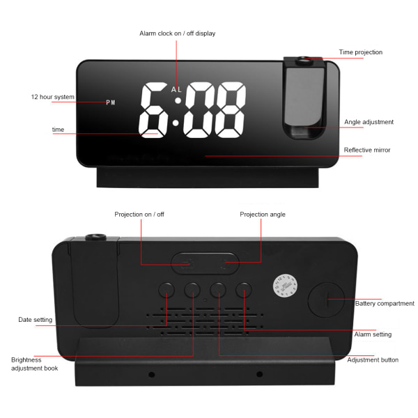 Smart digital projektionsklocka Justerbar Mute Automatisk Desktop LED-väckarklocka Black