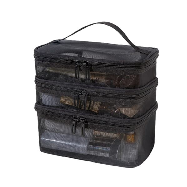 Bärbar Mesh Rese Kosmetisk Förvaringsväska Stor Kapacitet Lätt Toalettväska För Hem Hotell Makeup Black Three
