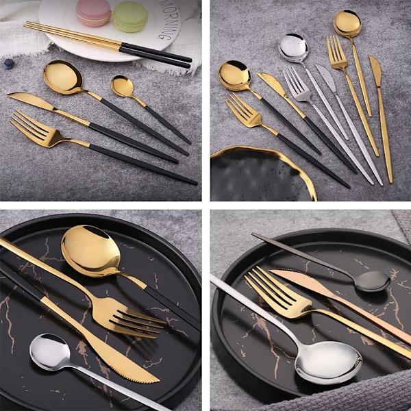 【Färdigt lager】 4 st/ 1 set gaffelsked svart guld set i rostfritt stål porslin bestick set middag Gold