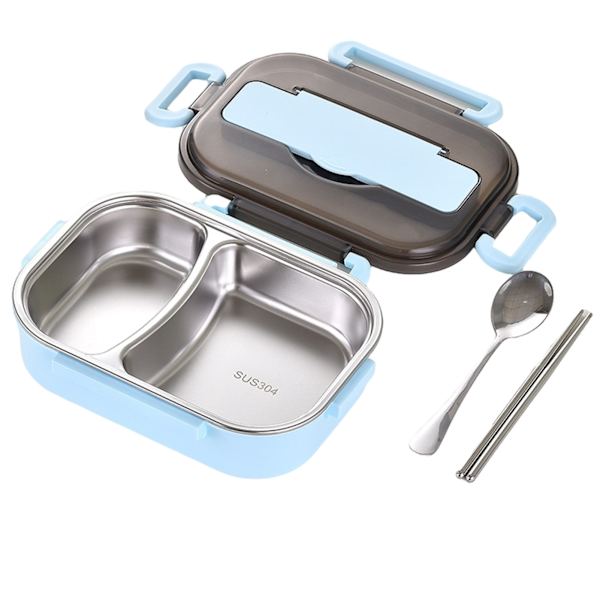 Bento lådor för studenter rostfritt stål liner dubbellager lunchlåda med lucka lunchbehållare för barn vuxen Small 2 Grid Blue