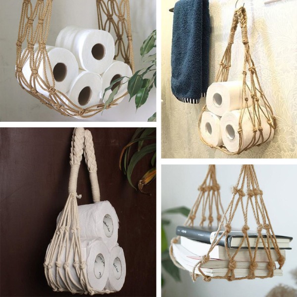 Handvävd rullpappershållare förvaringssnöreväska Boho Style Hängande bomullsrep Mesh för toalett badrum Brown