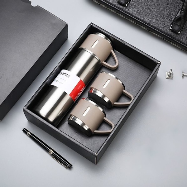 Vakuumkolvset med lock, återanvändbar läcksäker rostfri stålvattenflaska presenter set Silver