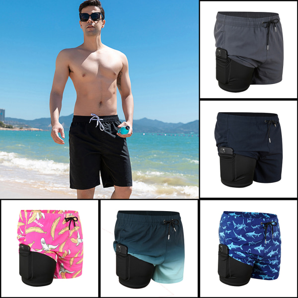 Dubbellagers bermudashorts för män med mobiltelefonhållare för Summer Beach Black Nile Blue S