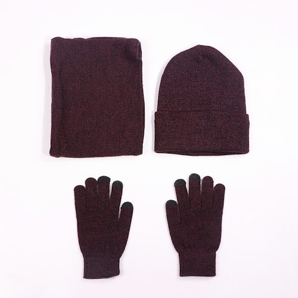 Vinter varm mössa Halsdukshandskar set Unisex vinter varm stickad mössa Halshandske för män kvinnor Wine Red Three piece Suit