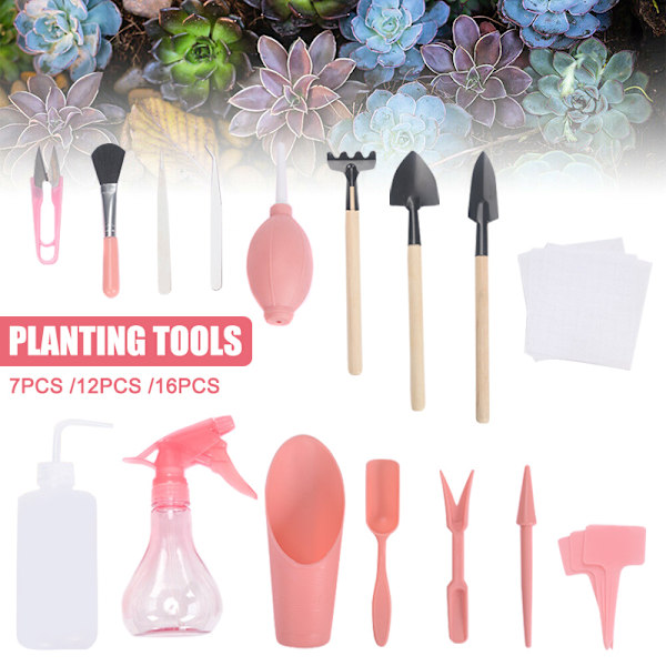 16/12/7 st Mini trädgårdshandverktygsset Suckulentväxter Plantering Bonsaiverktyg Pink 16 Piece Set