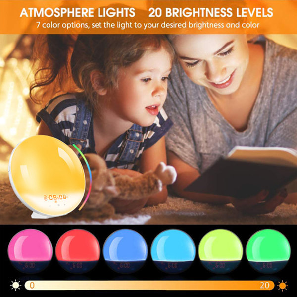 LED Wake Up Light Färgglad väckarklocka Nattljus Solnedgångssimuleringslampa Australian Charger