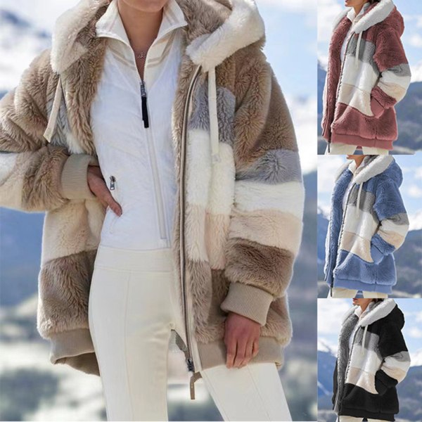 Vinterfleeceplyschrock för kvinnor, lös långärmad huvjacka, modefärgad tröja brun S