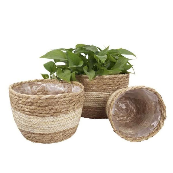 Gräs planteringskorg inomhus utomhus blomkrukor cover växtbehållare för hemmet Beige M