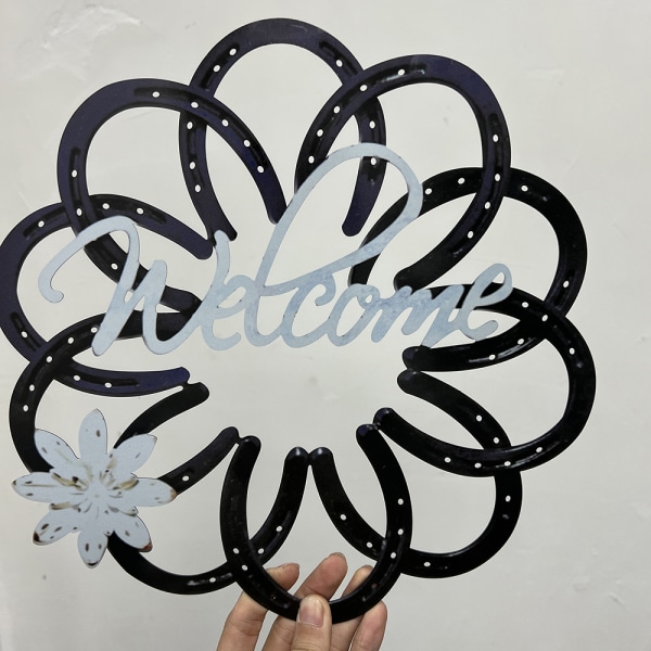 Välkomstskylt Blomformad hästsko metallprydnad för utomhusbruk inomhus Black 30cm