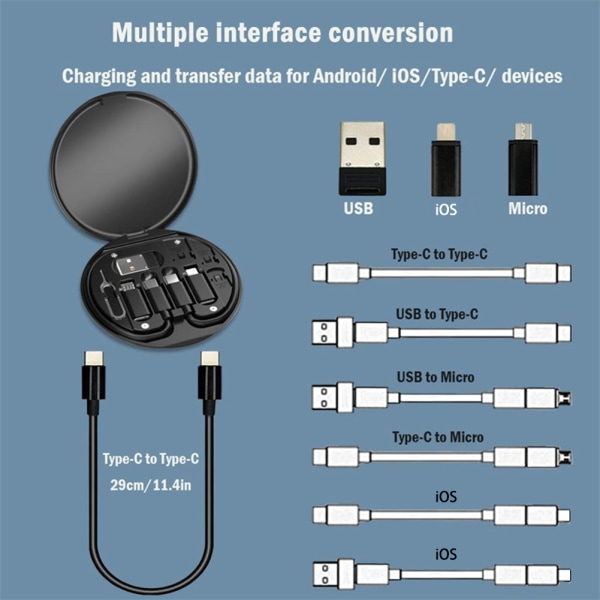 Datakabelkonverteringshuvud Lagringsbox med telefonställ Snabbladdningskabeladapterverktyg för USB typ C IOS Black
