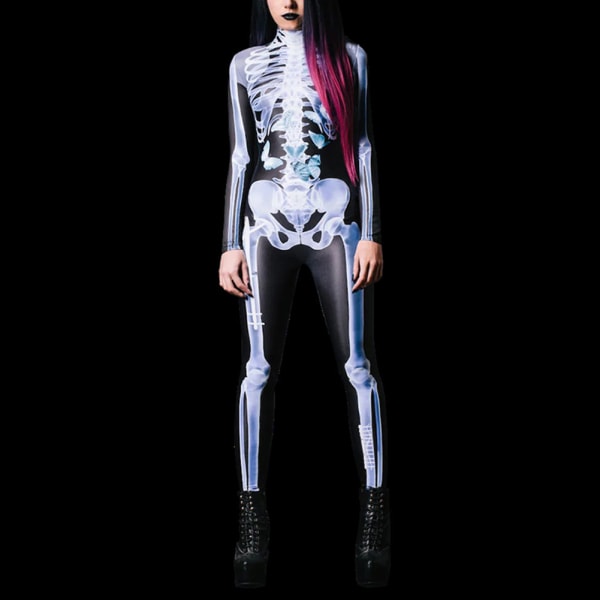 Halloween Sexig Skelett Bodysuit Halloween-kostymer För Unisex 3D Skelettmönster Skinny Jumpsuit Male XS