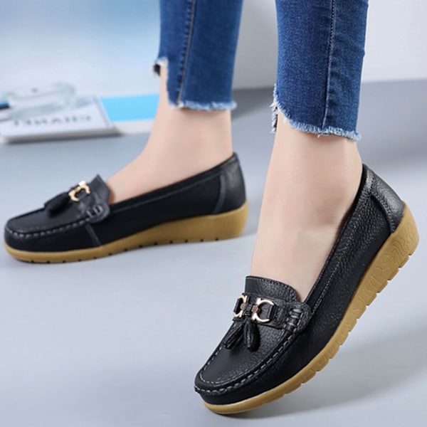 Kvinnors äkta läder Mjukt Bekväma Flat Loafers Handgjorda Casual Shoes Black 41