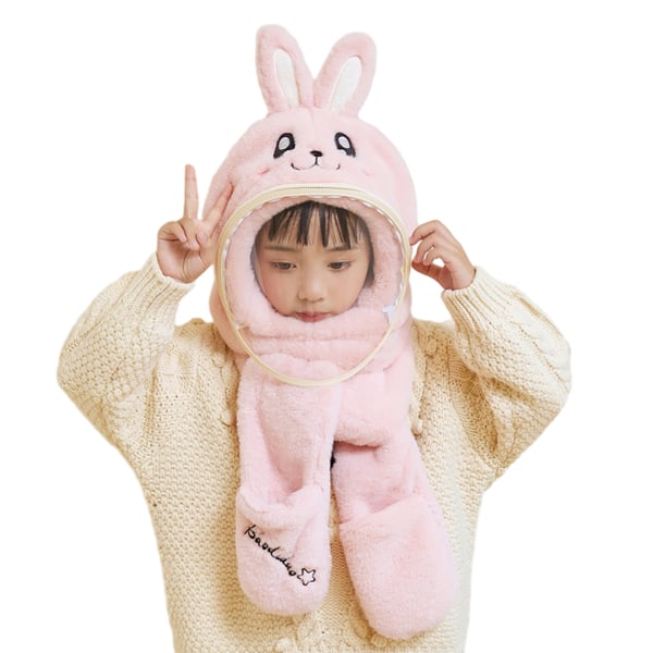 Barn Tecknad Face Cover Hat Vindtät Värmande plysch mössa för skolan Bunny