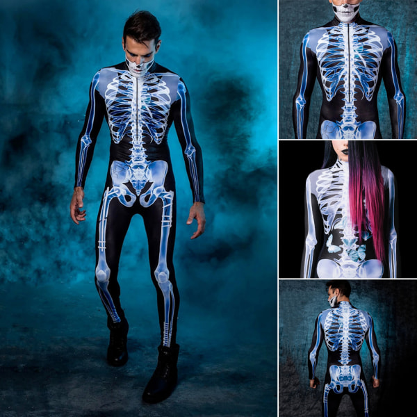 Halloween Sexig Skelett Bodysuit Halloween-kostymer För Unisex 3D Skelettmönster Skinny Jumpsuit Male 2XL